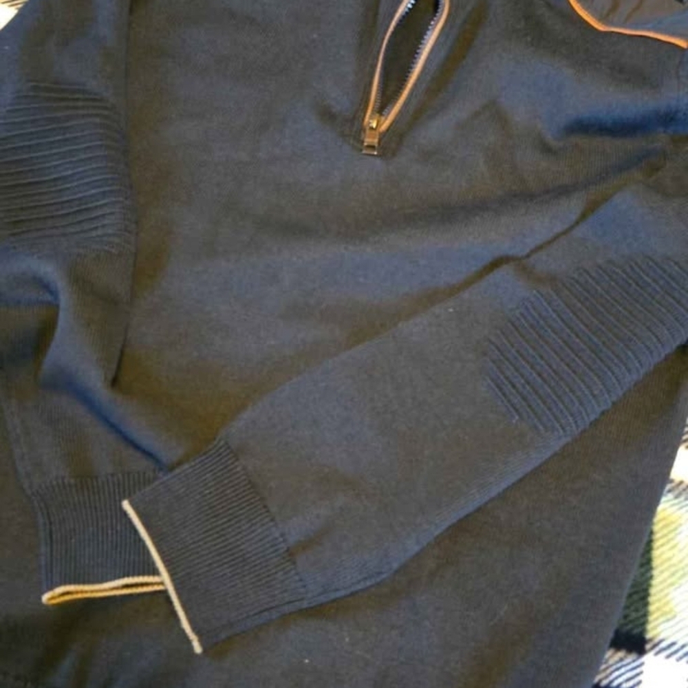 Brooks Brothers Black Zip-Up Sweater with Brown Trim